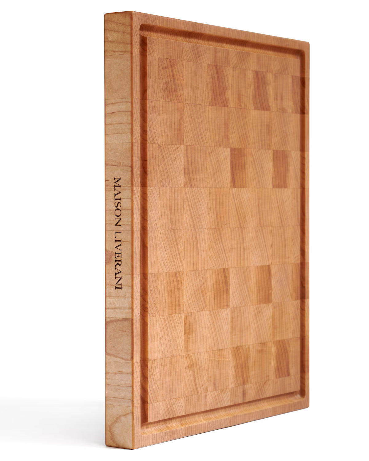 Maison Liverani maple end-grain cutting board with beveled edges and heirloom finish