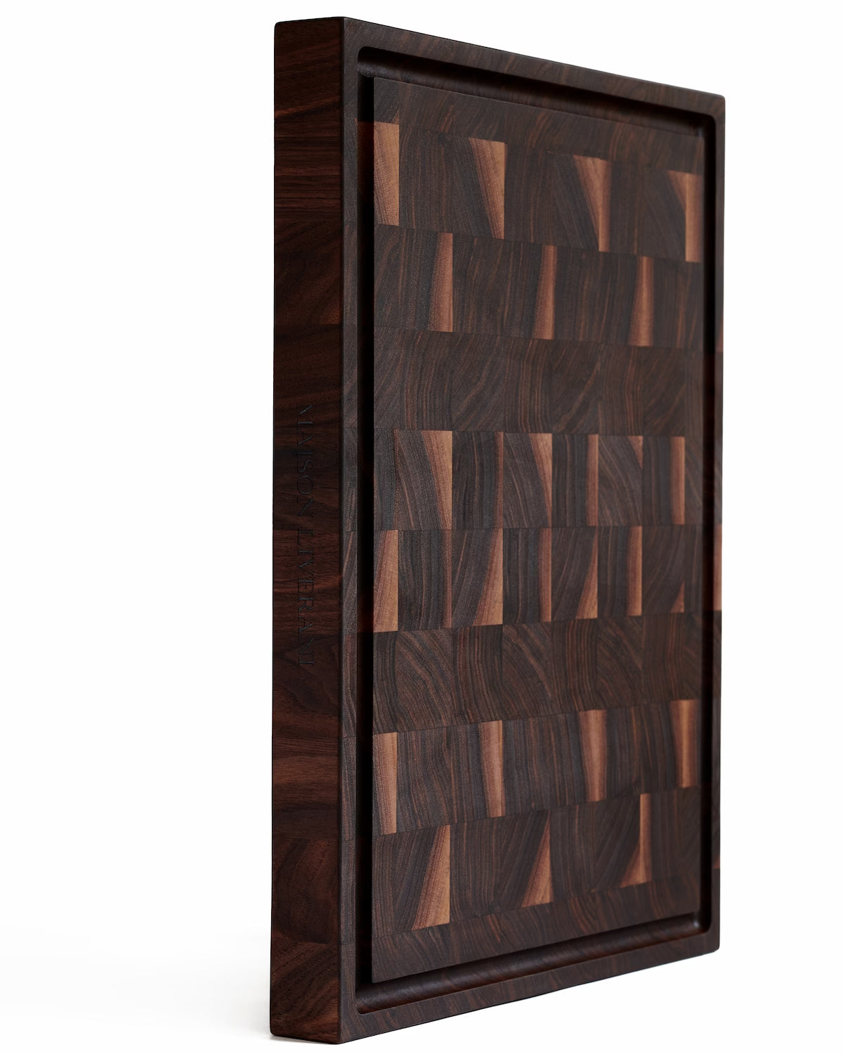Maison Liverani walnut end-grain cutting board with beveled edges and heirloom finish